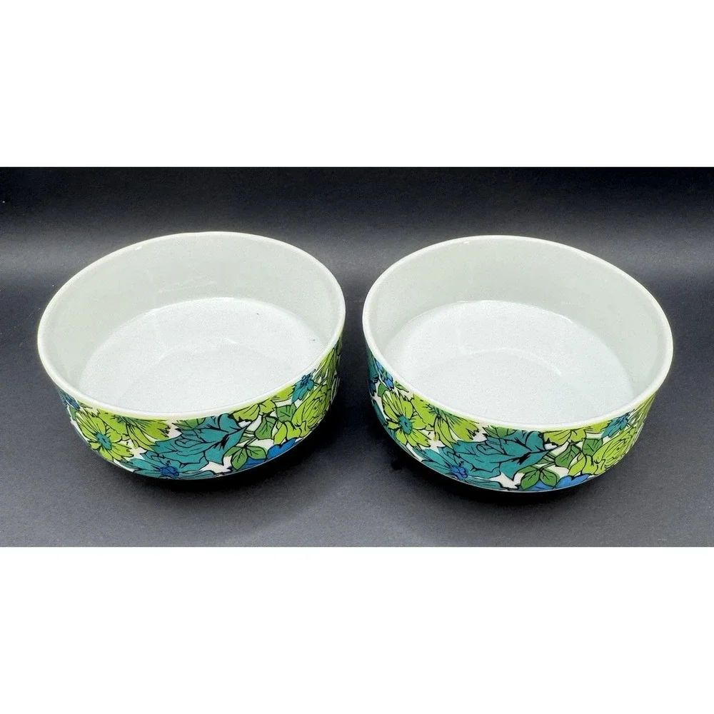 Vintage Holt Howard 1966 Set 6 Floral Pedestal Bowls Blue Green Mod MCM Flower